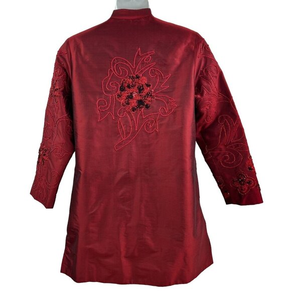 Tunique Nights Large Unisex Red Silk Blend Beaded Embroidered Lined Coat Vampire - Picture 2 of 15